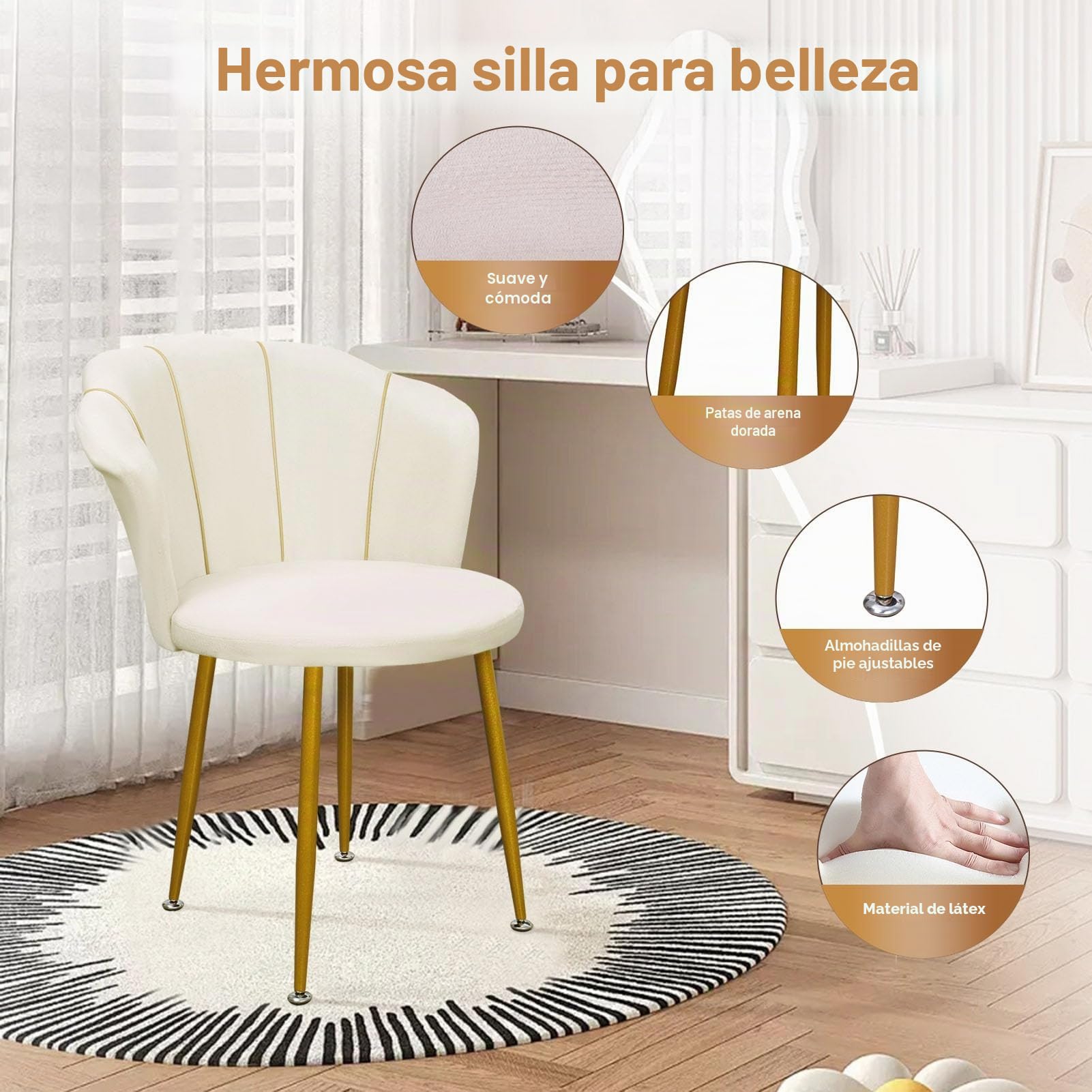 Silla de maquillaje, respaldo con patas de metal dorado, moderna silla de tocador para salón de belleza, dormitorio, oficina, comedor, cómoda y fácil de montar para sentarse durante mucho