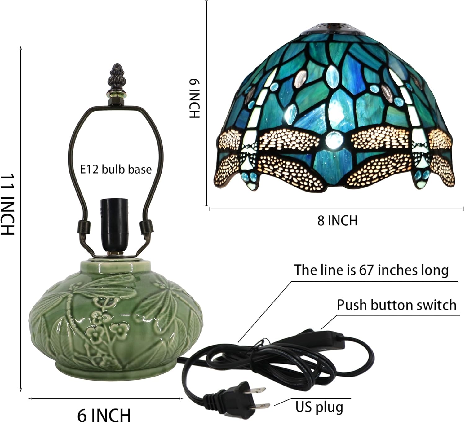 Small Stained Glas Lamp Mushroom Table Lamp, Mini Stained Glass Desk Light Memory Sympathy Ceramic lamp 8X11 Inch (Sea Blue Dragonfly Style)
