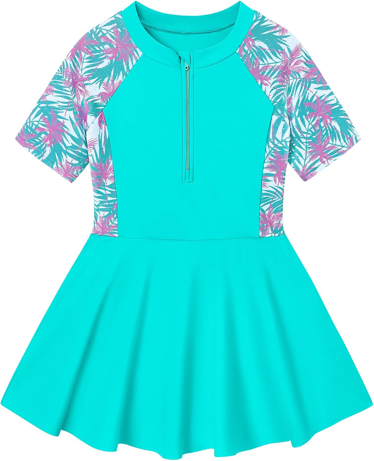 Girls One Piece Swimsuit Skirted Kids Bathing Suits Zipper Short Sleeves Swimwear Girls Swim Dress for 3-10Years