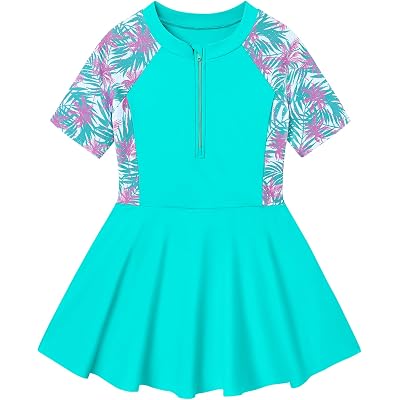 Girls One Piece Swimsuit Skirted Kids Bathing Suits Zipper Short Sleeves Swimwear Girls Swim Dress for 3-10Years