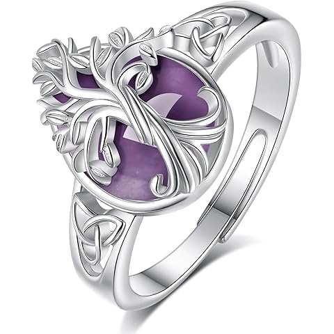 Vito 925 Sterling Silver Tree of Life Ring for Women Men, Adjustable Teardrop Moonstone Amethyst Obsidian Crystal Tree Open Band Rings Protection Amulet Jewelry Gift