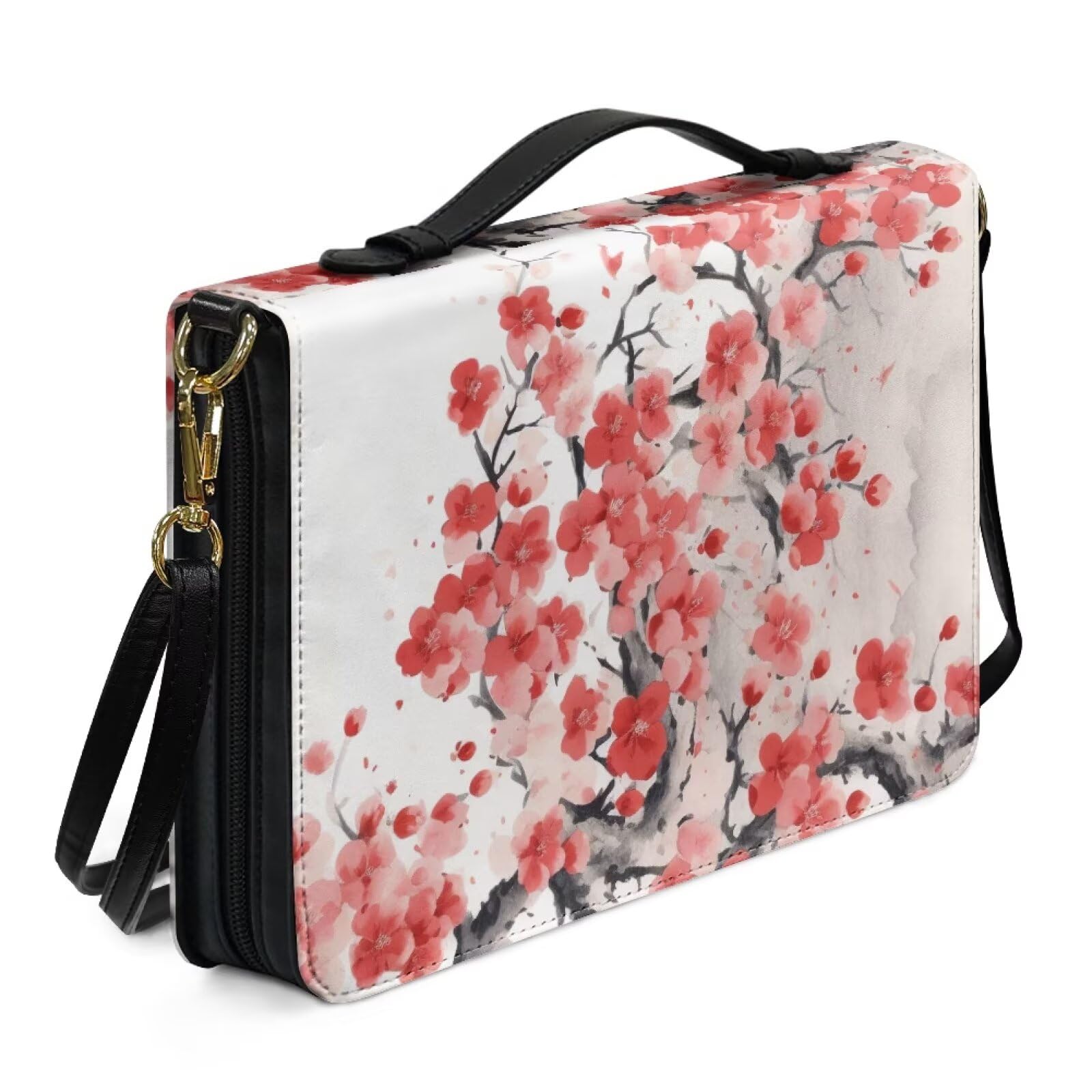 Kuiaobaty Watercolor Plum Blossom Bible Bag Totes Book Cover with Pockets, Oil Painting Flower Leather Church Bible Bag with Adjustable Shoulder Strap