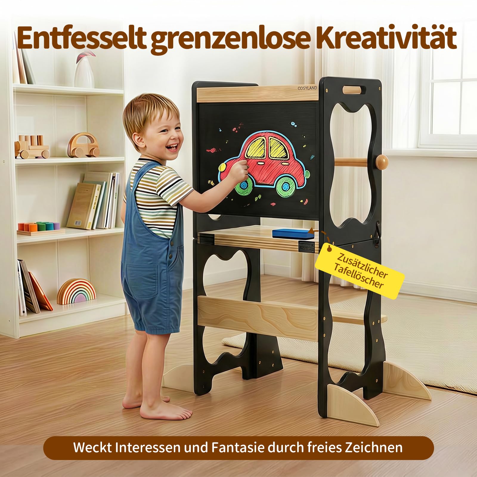 COSYLAND Lernturm Kinder 3in1 Küchenhelfer mit Tafel & Geländer Schwarz | Stabiler Küchenhelfer, wandelbar zu Tisch & Stuhl. Ideal für Lernen, Spielen und Küche. Sicher und zuverlässig.
