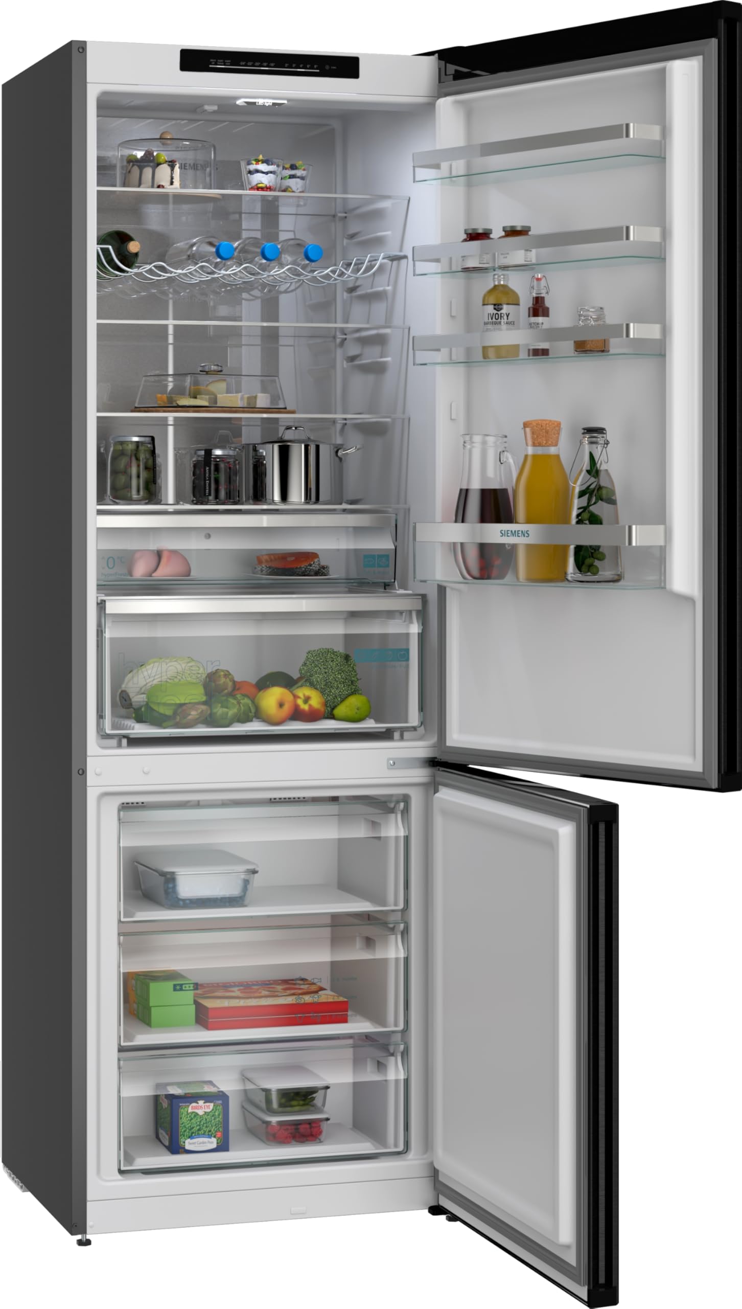 Siemens iQ300 - Frigorífico y congelador XXL (203 x 70 cm, KG49NVXCG, 311 L de refrigeración y congelación de 129 L, total noFrost, colocación sin costuras, hyperFresh 0ºC, acero negro antihuellas)