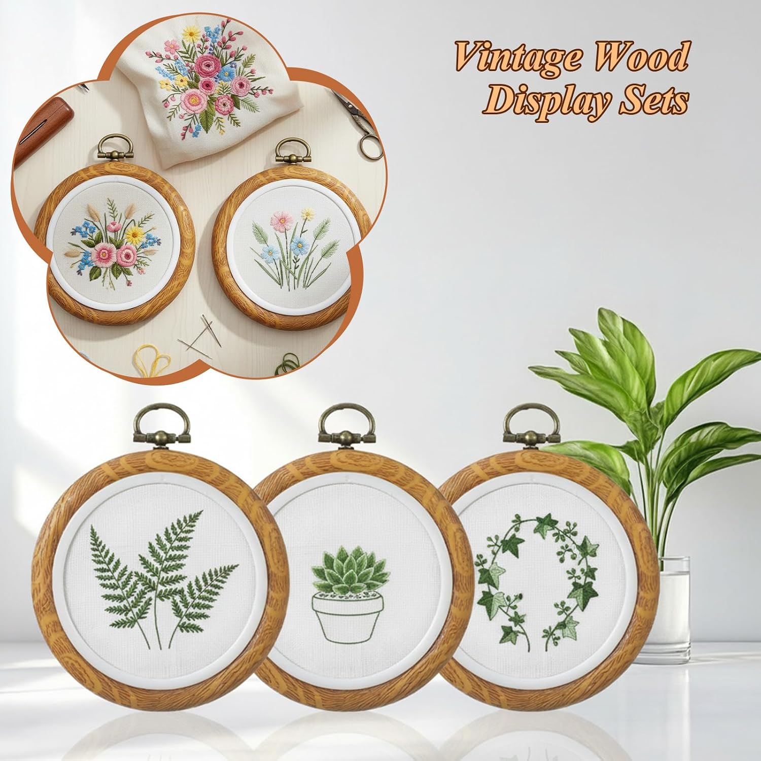 PercyEffie 10Pcs Small Embroidery Hoop Set, 3 Inch Embroidery Imitated Wood Display Hoops Frame Circle Rubber Hoops for Christmas Halloween Craft Sewing DIY Hanging Gifts