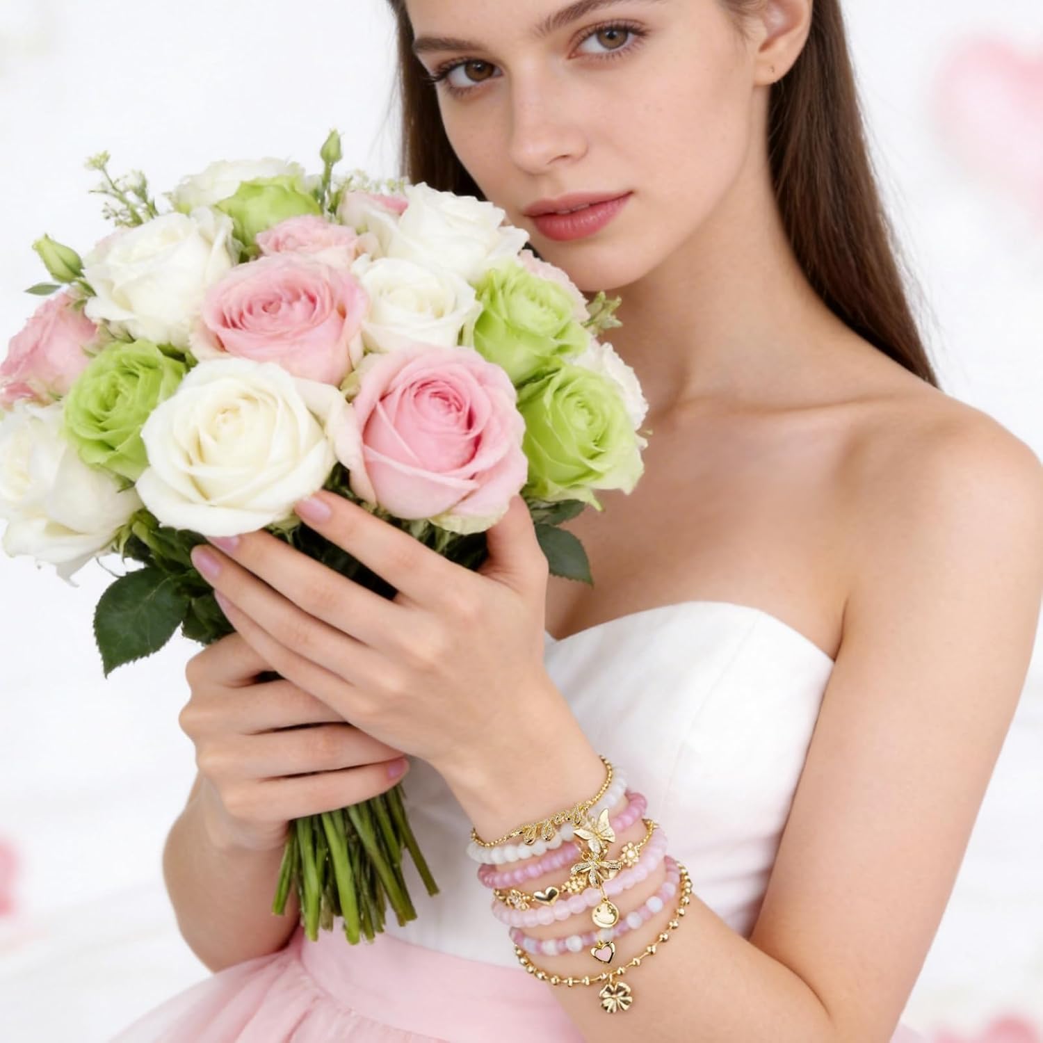 Pink Beaded Bracelet for Women 7Pcs Stackable Opal Stone Stretch Bracelets Sweet Multilayered Gold Charm Bracelets Set Love Heart Flower Clover CZ Butterfly Bow Hello Charm Jewelry Gift for Women - Image 7