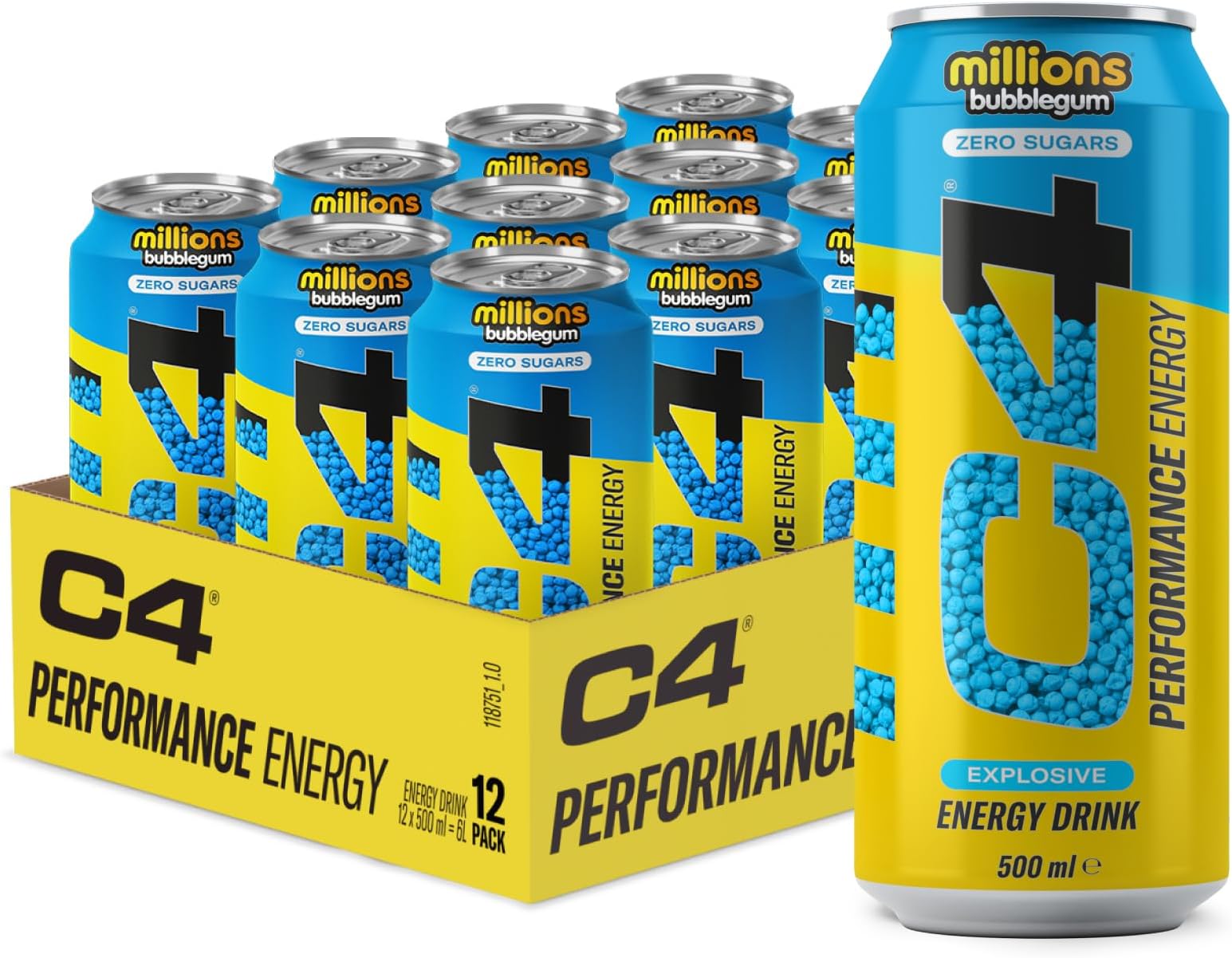 C4 Performance Energy Drinks Millions Bubblegum 500ml (12 Pack) | Sugar Free Energy Drink with 160mg Caffeine, 250mg Betaine, 1050mg Taurine | Low Calorie Fizzy Drinks for On The Go Energy and Focus