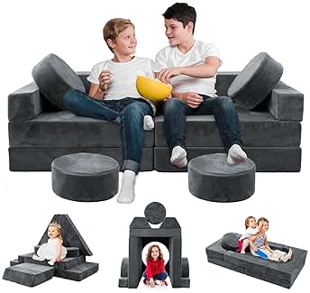HOMFINE 16pcs Modular Kids Play Couch, Kids Toddler Couch, Child Sectional Sofa, Versatile Kid Sofa for Playroom Bedroom, Convertible Foam and Floor Cushion for Boys and Girls, Dark Grey