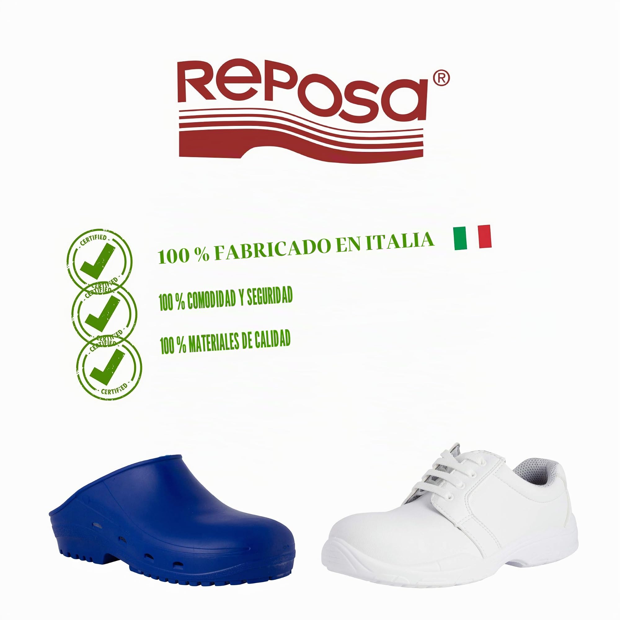 REPOSA Medical - Zuecos Sanitarios Mujer y Hombre en Microfibra con Puntera de Seguridad, Zuecos Enfermera Antishock y Antiestáticos con Correa, Zapatos Sanitarios y de Cocina Cómodos, Antideslizantes