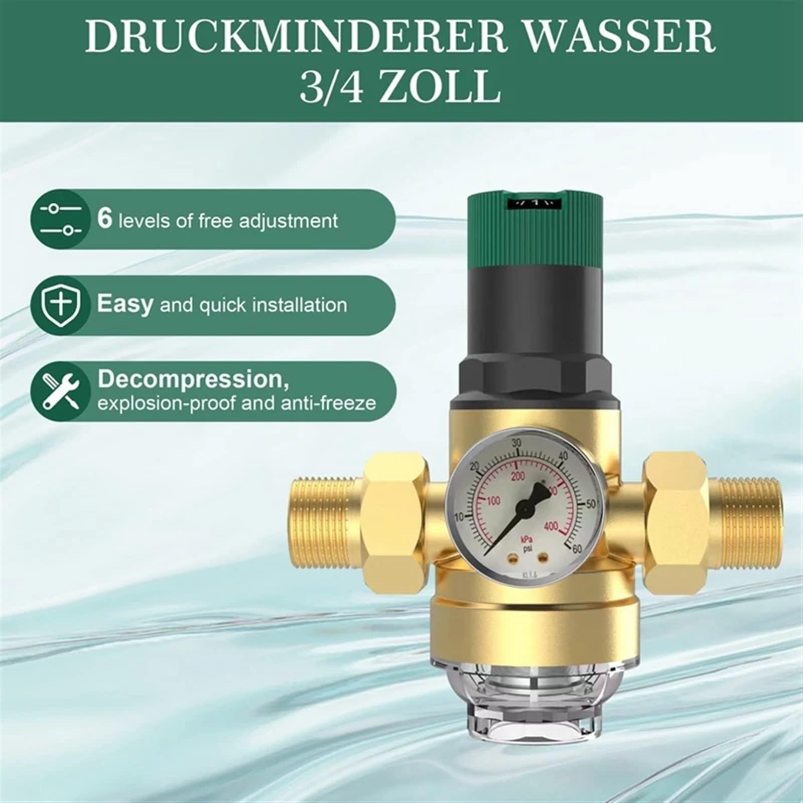Regolatore di Pressione Acqua 3/4 Pollici con manometro e Filtro a Rete, regolatore di Pressione DN20 for Acqua Potabile per Tubi, impianti di irrigazione