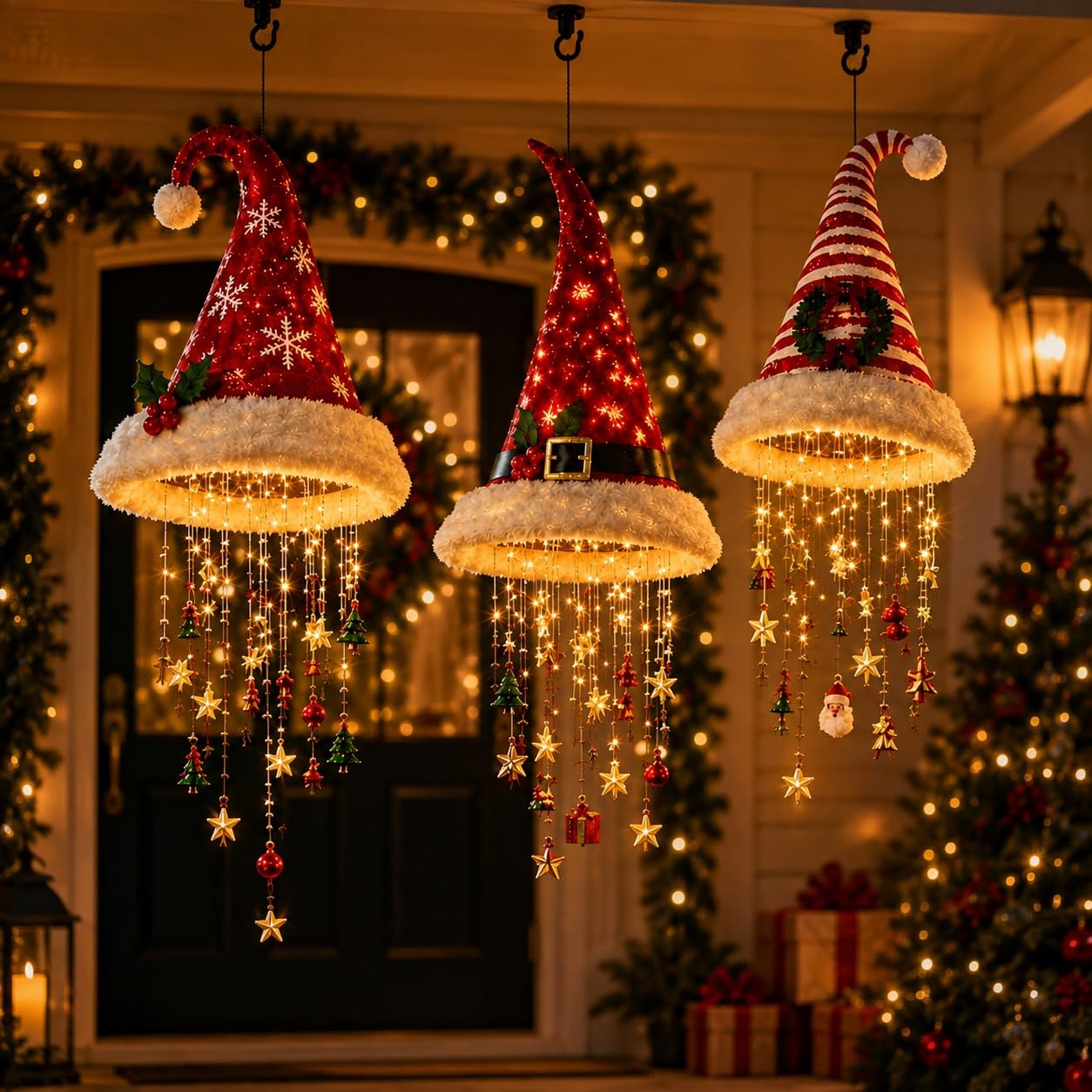 Lighted Santa Hat Hanging Chandelier, Christmas Decorations with Warm Glow