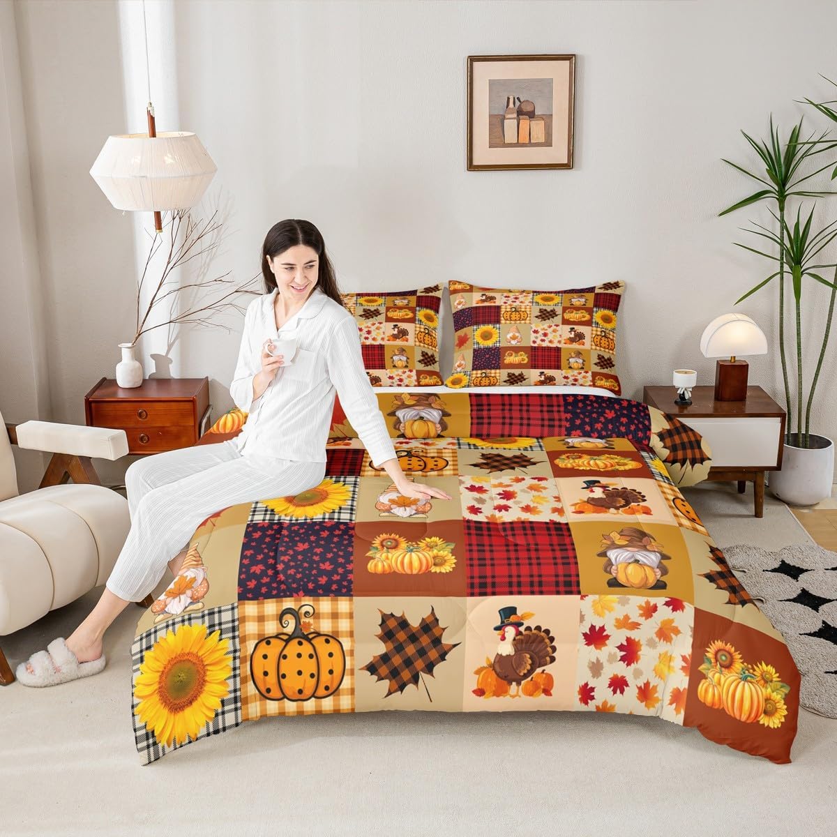 Homewish Fall Pumpkin Grid Comforter Set Rustic Farmhouse Maple Leaf Sunflower Bedding Set Thanksgiving Turkey Quilt Set Kids Boys Girls Adult Room Decor Vintage Brown Yellow Duvet Insert Queen Size