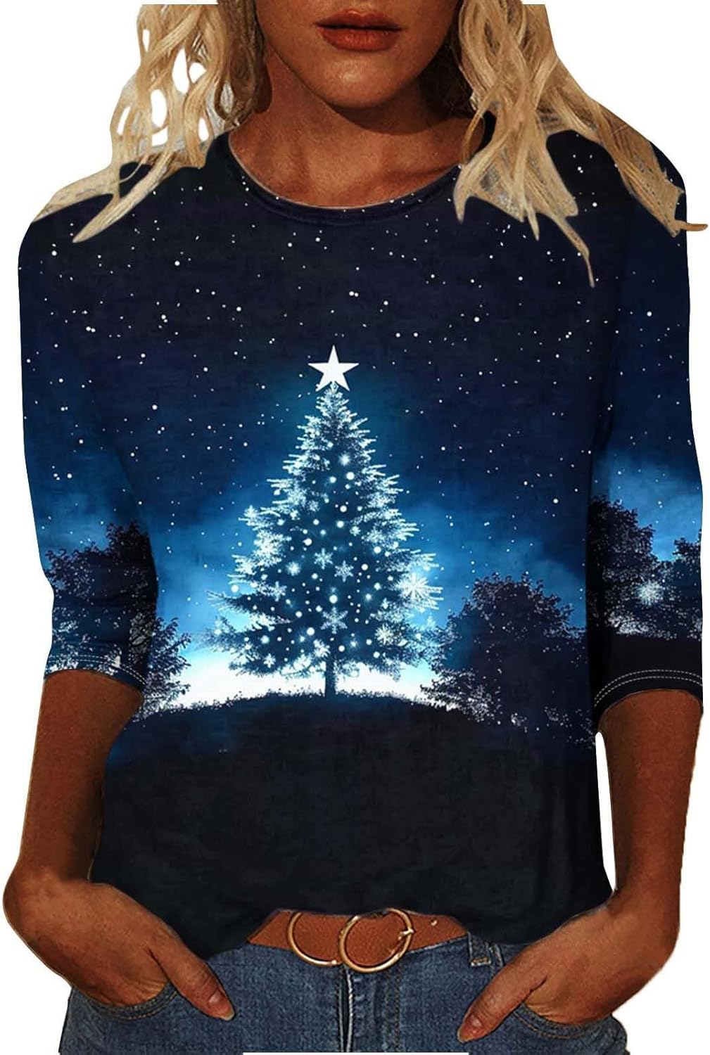 NSICBMNO Womens Christmas Jumper Christmas Scrub Tops 3/4 Sleeve Tops Round Neck Jumpers Novelty Sweatshirt Casual Tunic Baggy Jumper Ladies Winter Tunic Blouses