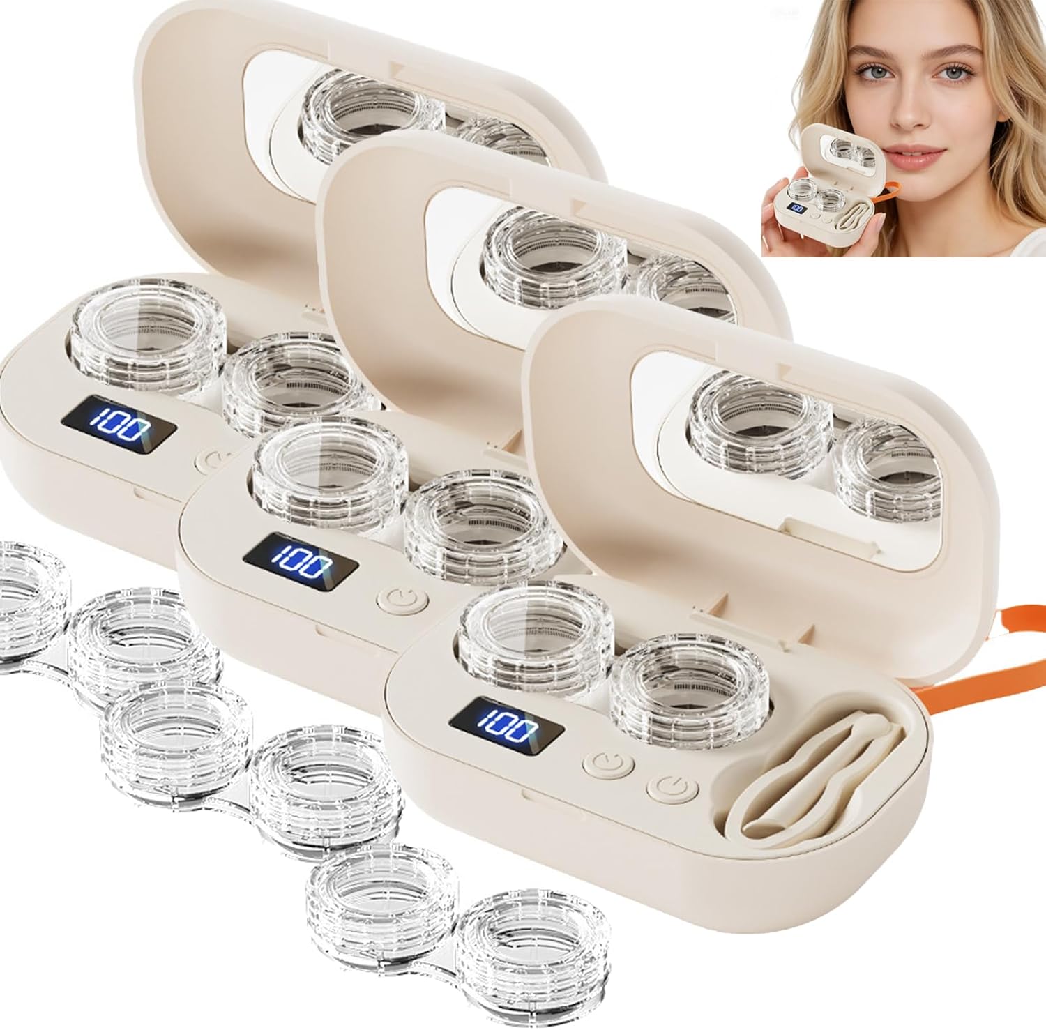 Ultrasonic Contact Lens Cleaner,Upgrade Portable Rechargeable Ultrasonic Contact Lens Cleaner Case with Vanity Mirror & Replacement Bay (3 pc)