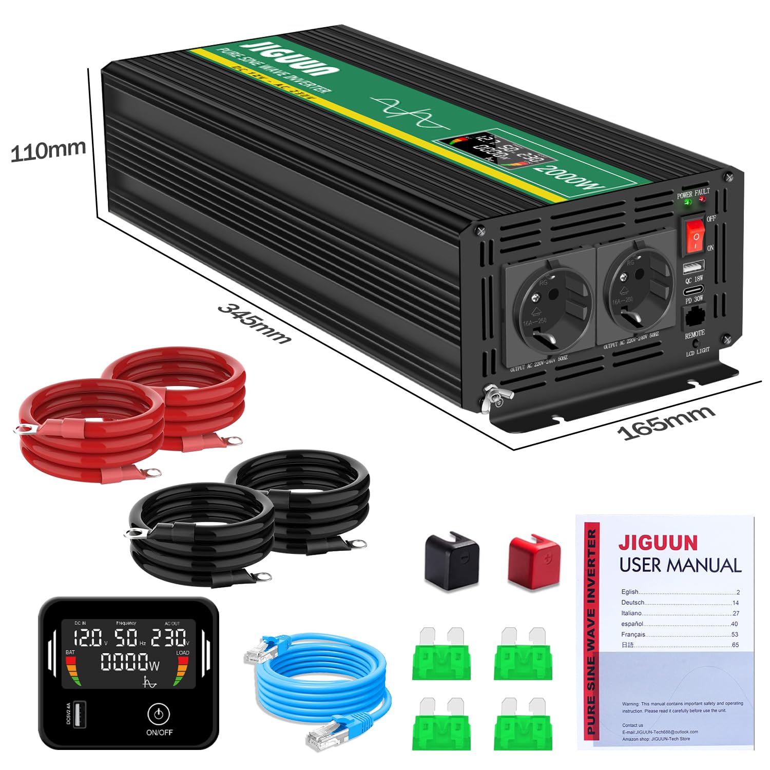 JIGUUN Konwerter mocy 2000 W/4000 W 12 V na 230 V z czystym sinusoidalnym sterowaniem wyświetlacz LCD 2 gniazdko UE i 1 port USB do samochodu, na kemping, w podróży, w nagłych wypadkach