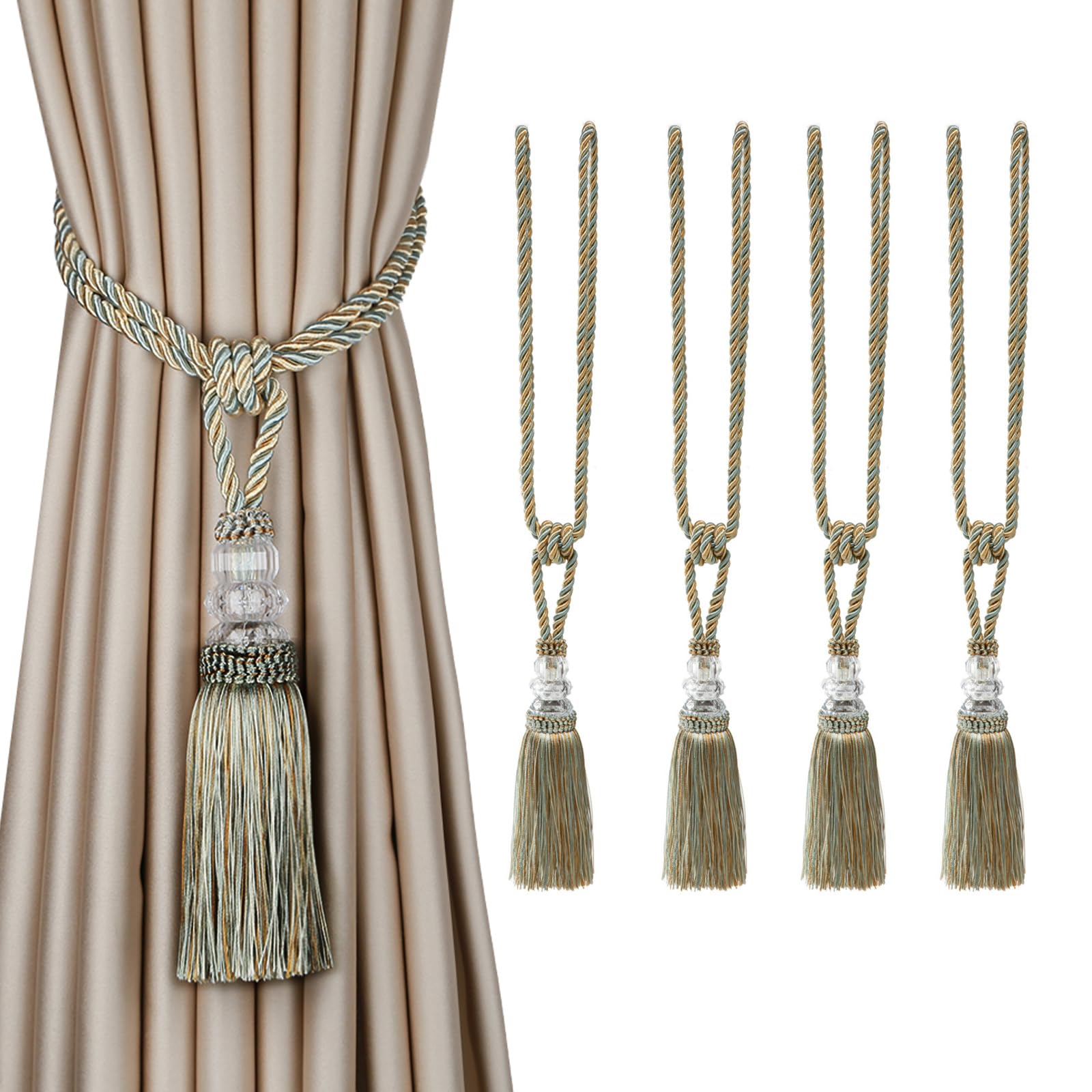 Tassel Curtain Tiebacks， Curtain Tiebacks Braided Crystal Rope 4 Pack Multicolor With Tassels(Mix Blue)