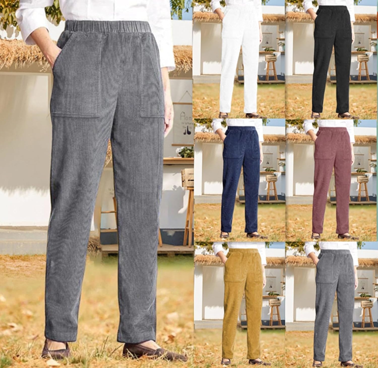 BIRW Corduroy Pants for Women Elastic High Waist Pull On Straight Leg Slacks Casual Trousers with Pocket - Image 6