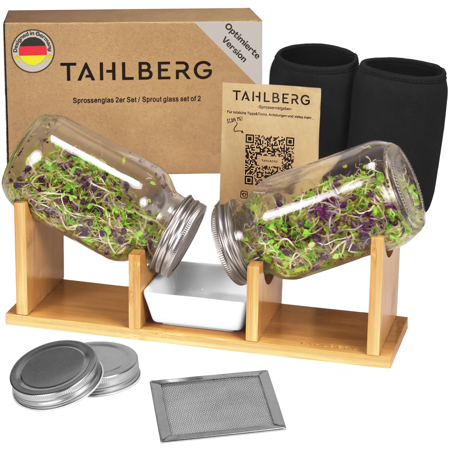 Sprossenglas 2er Set – hochwertiges Sprossenglas Keimglas Set aus Bambus + Kressesieb & Keimschale – inkl. Deckel, Abdeckhüllen & Anleitung – Keimglas für Sprossen