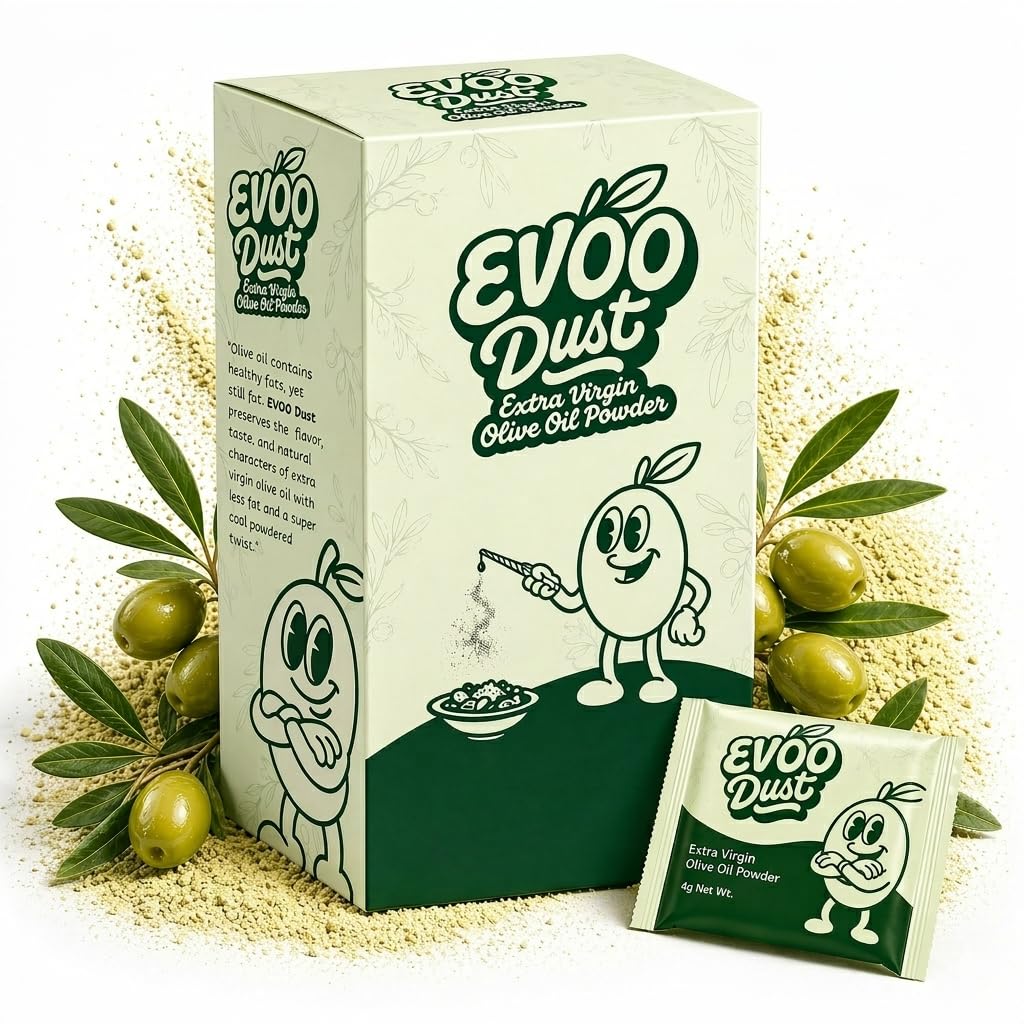 EVOO Dust Extra Virgin Olive Oil Powder 40 Pack - 0.14 oz Salad Topping Sachets with Rich Flavor and Low Calorie Seasoning - Easy Sprinkle for Cooking, Salads & Dressings