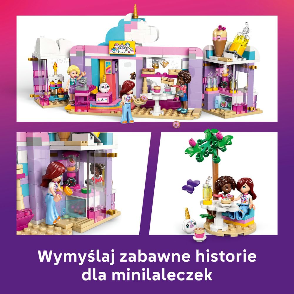 LEGO Friends Jednorożcowa kawiarnia, trzy minilaleczki i tęczowy jednorożec, zabawka dla dziecka do odgrywania ról, pomysł na prezent dla 6-latki na urodziny, klocki dla dziewczynki i chłopca 42684
