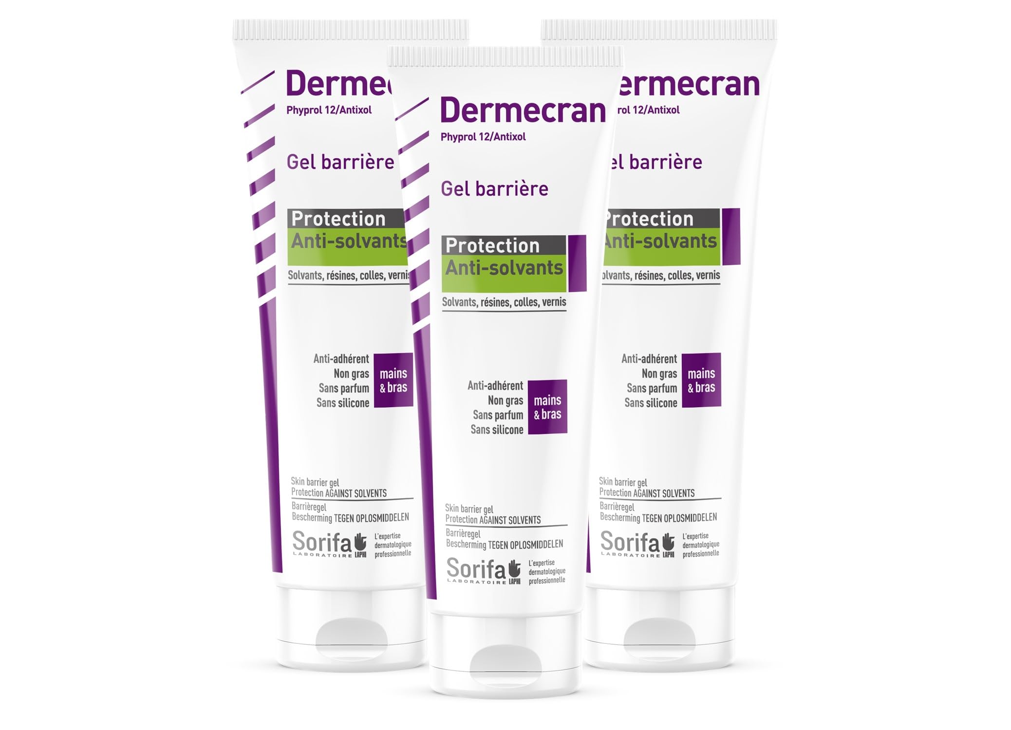 Lot de 3 – Dermécran – Gel barrière - Protection ANTI-SOLVANTS – Solvants, résines, colles, vernis – Mains, visage, corps – Formule haute tolérance - Sans parfum – Tube 125 ml.