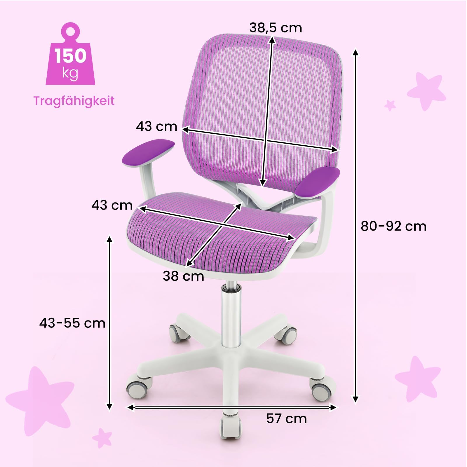COSTWAY Kinder Schreibtischstuhl 360° drehbar, Sitzhöhe 43-55cm höhenverstellbar, Kinderdrehstuhl ergonomisch mit Rollen, Bürostuhl mit Rückenlehnen & Armlehnen für Kinder ab 6 Jahren (Lila)