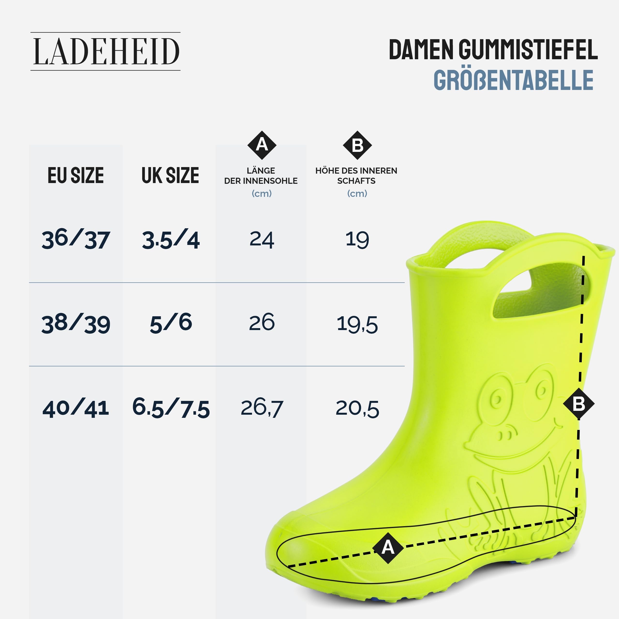 Ladeheid EVA Gummistiefel Damen warm gefüttert durch herausnehmbaren Innenschuh leichte wasserdichte Regenstiefel Griffe zum Anziehen rutschfeste Sohle LA-CA-23