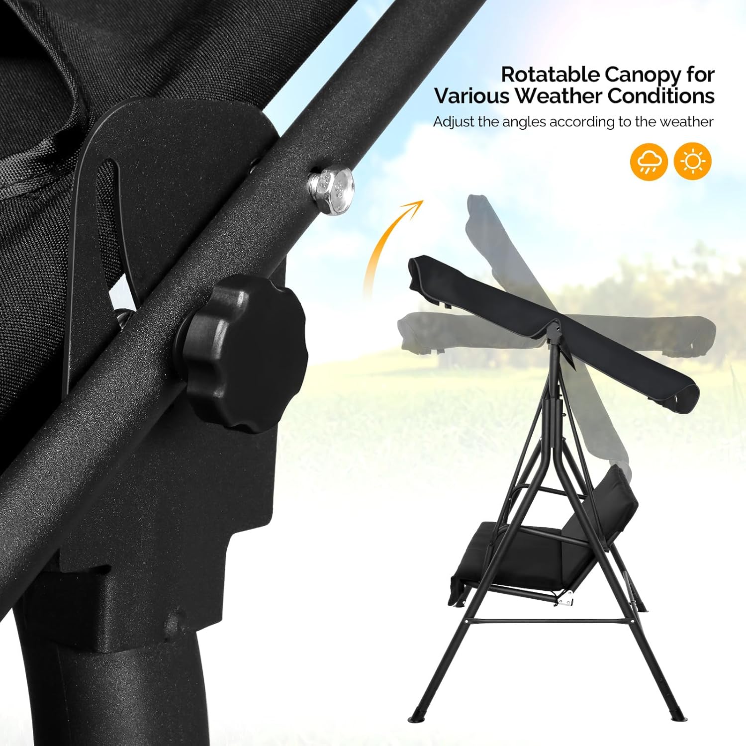 VINGLI Heavy Duty 550 LBS Upgraded 2 Person Outdoor Porch Swing with Stand, Adjustable Canopy Swing with Cushions & Steel Frame for Yard, Pool, Lawn, Indoors (Black)