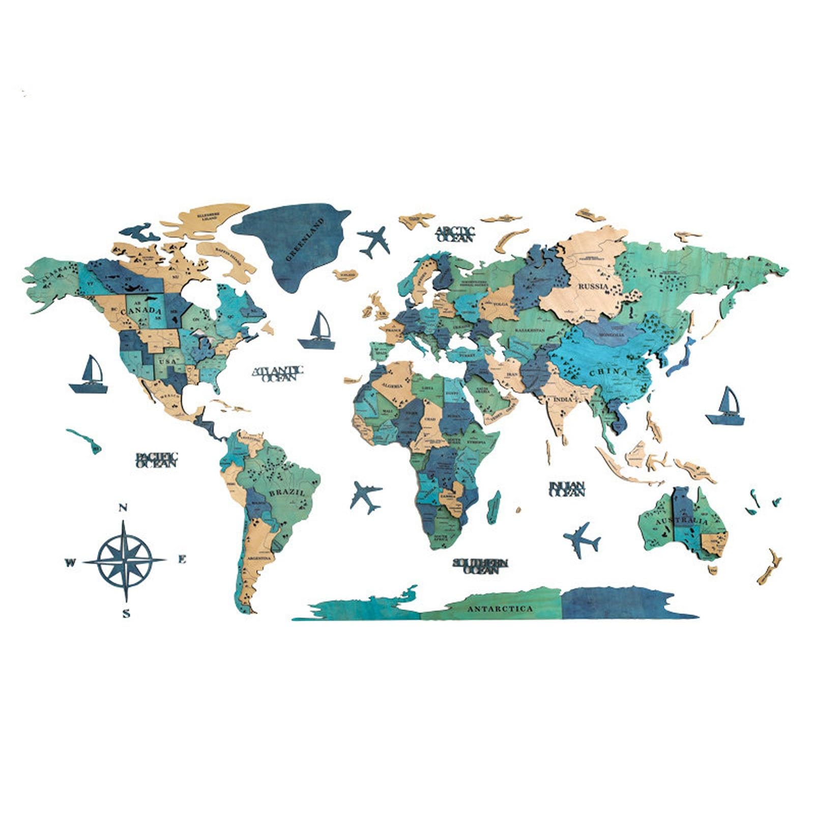3d Wood World Map Wall Art, Wooden World Map 3D Art Large Wall Decor, Living Room Hanging Mural Wallscape, Creative Wall Decoration for Living Room Background(Color 3,250x142cm/98.4x55.9in)