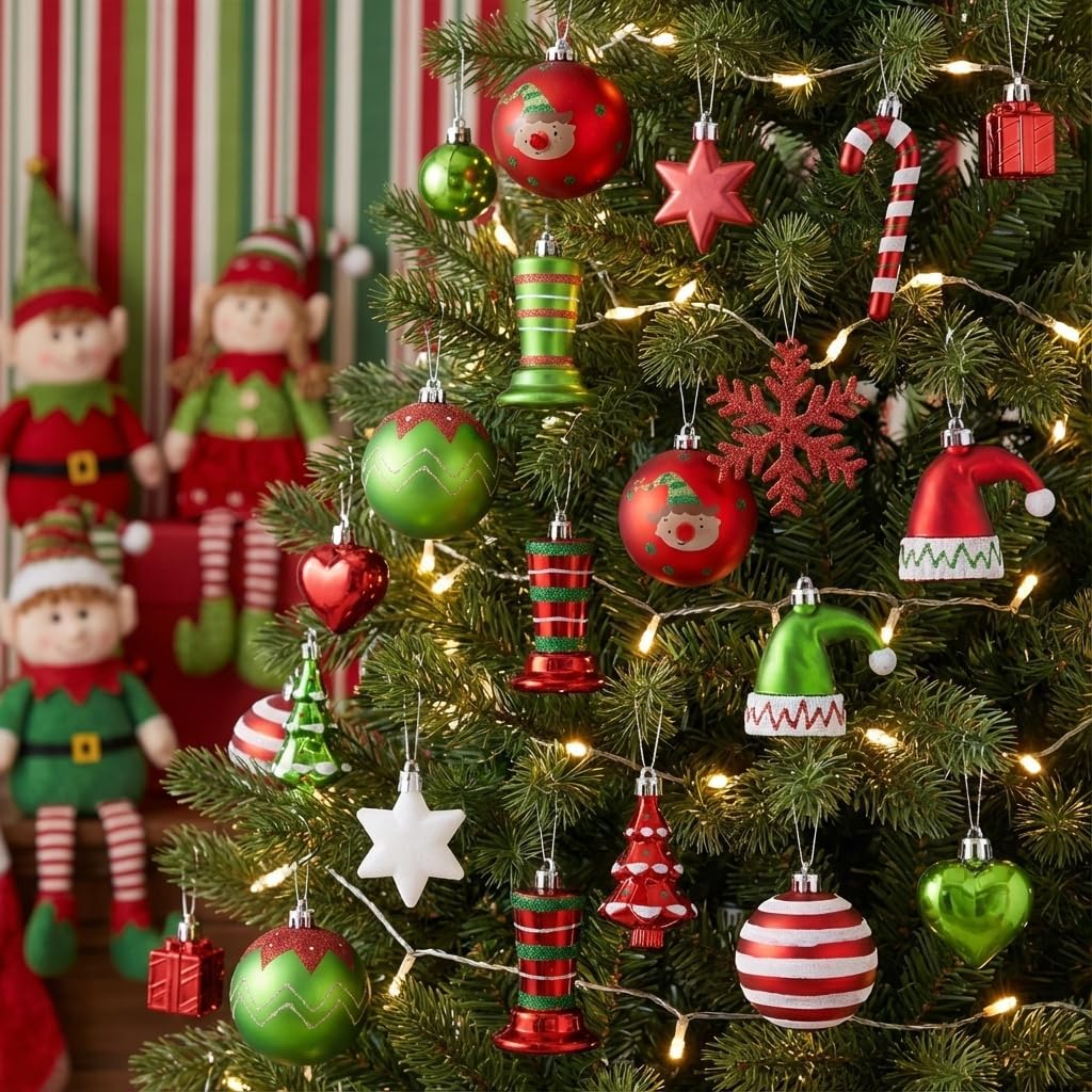 Valery Madelyn Christmas Ball Ornaments Set, 80ct Elf Red Green White Shatterproof Christmas Tree Decorations, Variety Decorative Hanging Ornaments for Xmas Trees Bulk Holiday Party Decor