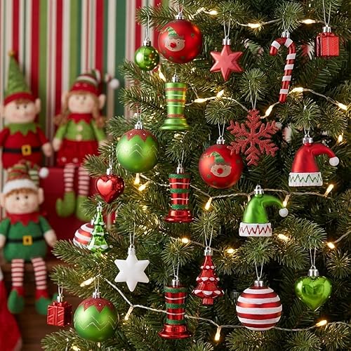 Miniatura 6 de Valery Madelyn Juego de adornos de bola de Navidad, 80 unidades de elfo rojo, verde y blanco, inastillables, variedad de adornos decorativos