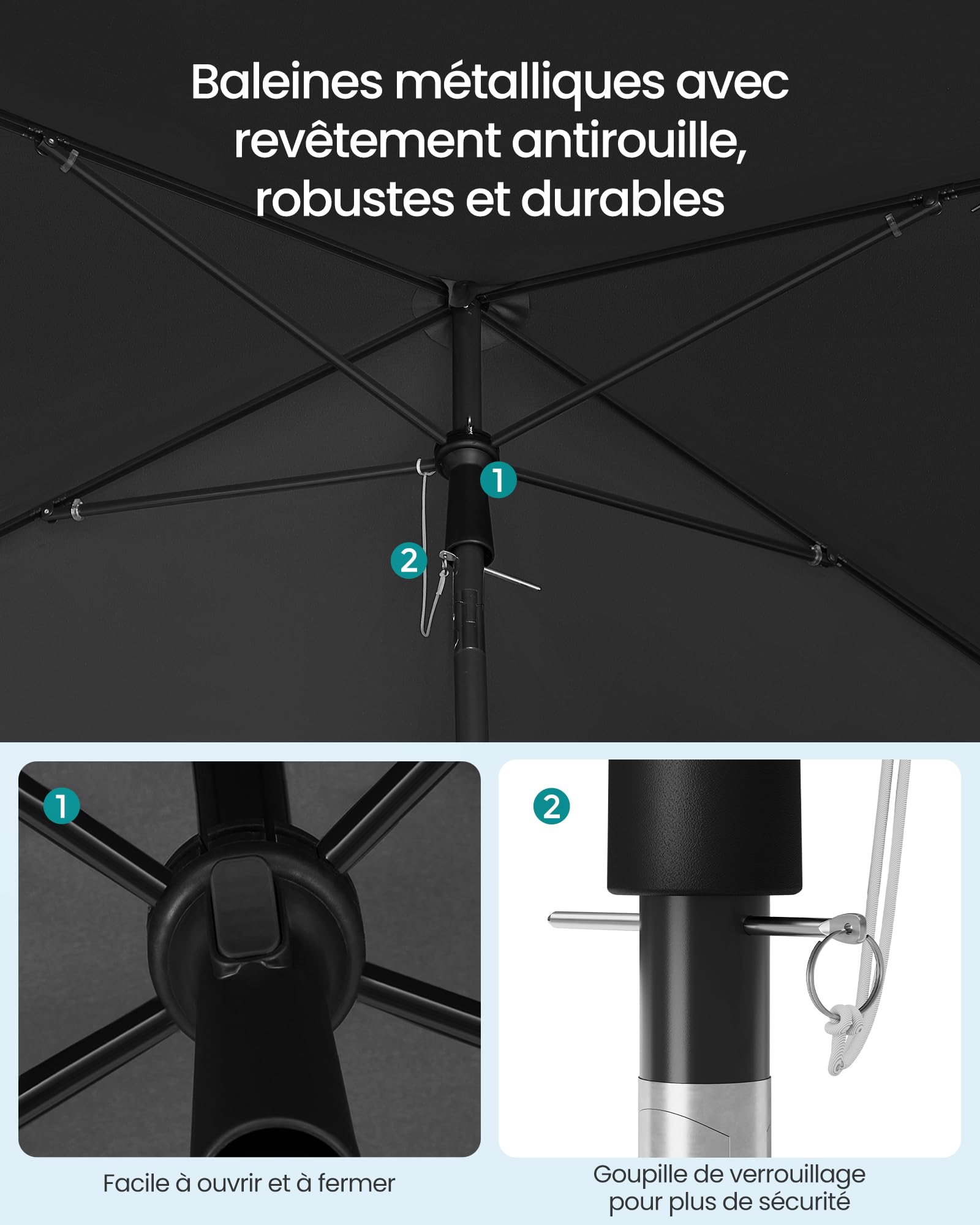 SONGMICS Parasol de balcon, parasol de jardin rectangulaire, UPF 50+, pliable, parasol de terrasse, extérieur, jardin, terrasse, plage, sac de transport, sans support