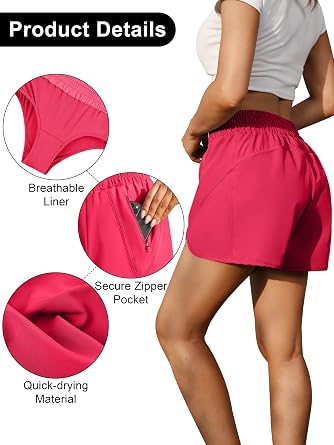 URATOT 2 Pack Women's Athletic Shorts Quick Dry High Waisted Running Shorts with Zip Pocket Gym Elastic Workout Short