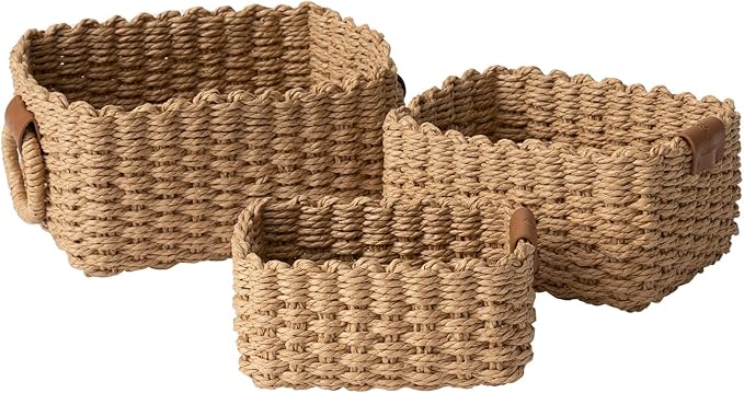 La Jolie Maison Small Sand Wicker Baskets Set of 3, Paper Rope Storage Baskets with Handle, Small Woven Baskets for Organizing, Decorative Cute Baskets for Gifts