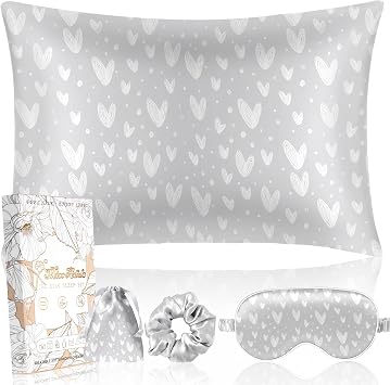 Miss Adola Mulberry Silk Pillowcase Set - 19 Momme Cooling Silk Pillow Case with Eye Mask & Scrunchie, Queen 30"x20", for Hair and Skin, Curly Hair, Women & Moms, Silver Grey Heart
