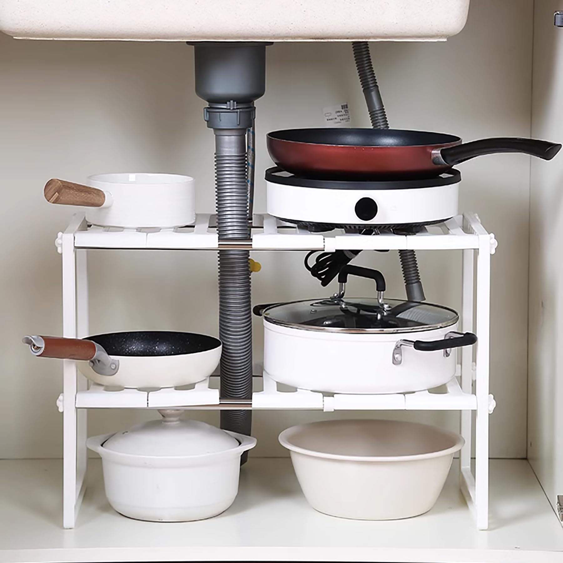 Organizzatore per armadietto da Bagno Scaffale da Cucina sotto Il lavello Organizzatore espandibile per ripiano per Armadio da Cucina a 2 Livelli,Bianca