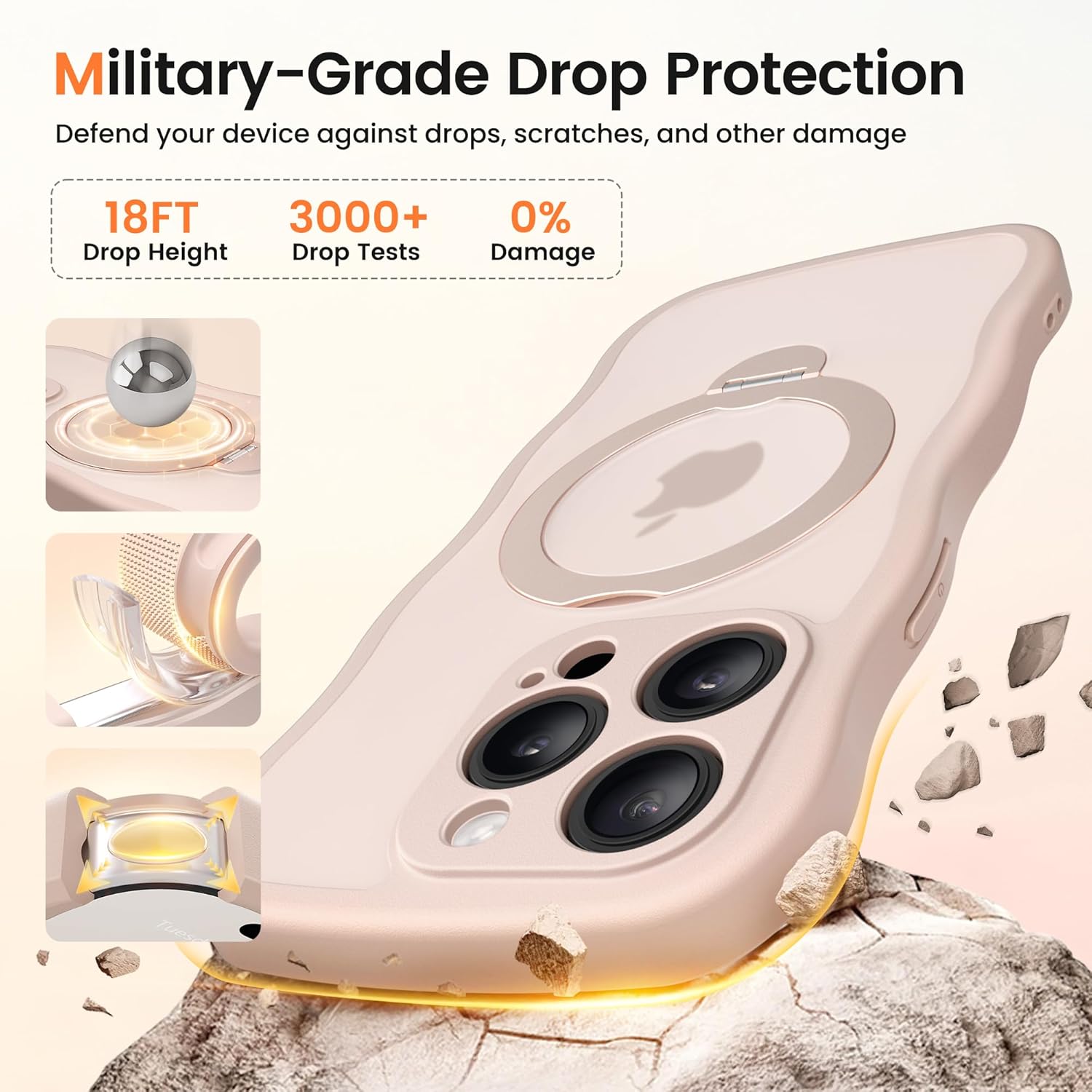 CAPRARO for iPhone 15 Pro Max Case with 360° Spin Magnetic Stand for Women, [Compatible with MagSafe] [Full Camera Protection] Cute Wave Translucent Matte Case for iPhone 15 Pro Max, Rose Gold - Image 6