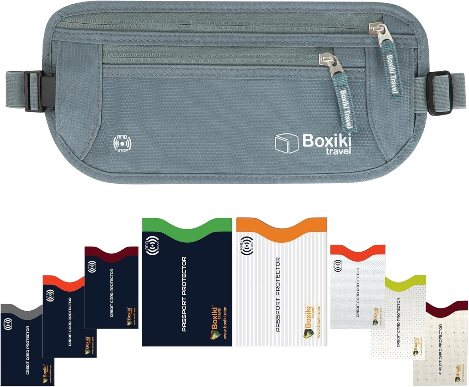 Boxiki Travel Grauer Geldgürtel + RFID-Hüllen 8 Stück (3 Kreditkarten- und 1 Reisepasshülle in Marineblau sowie 3 Kreditkarten- und 1 Reisepasshülle in Weiß)