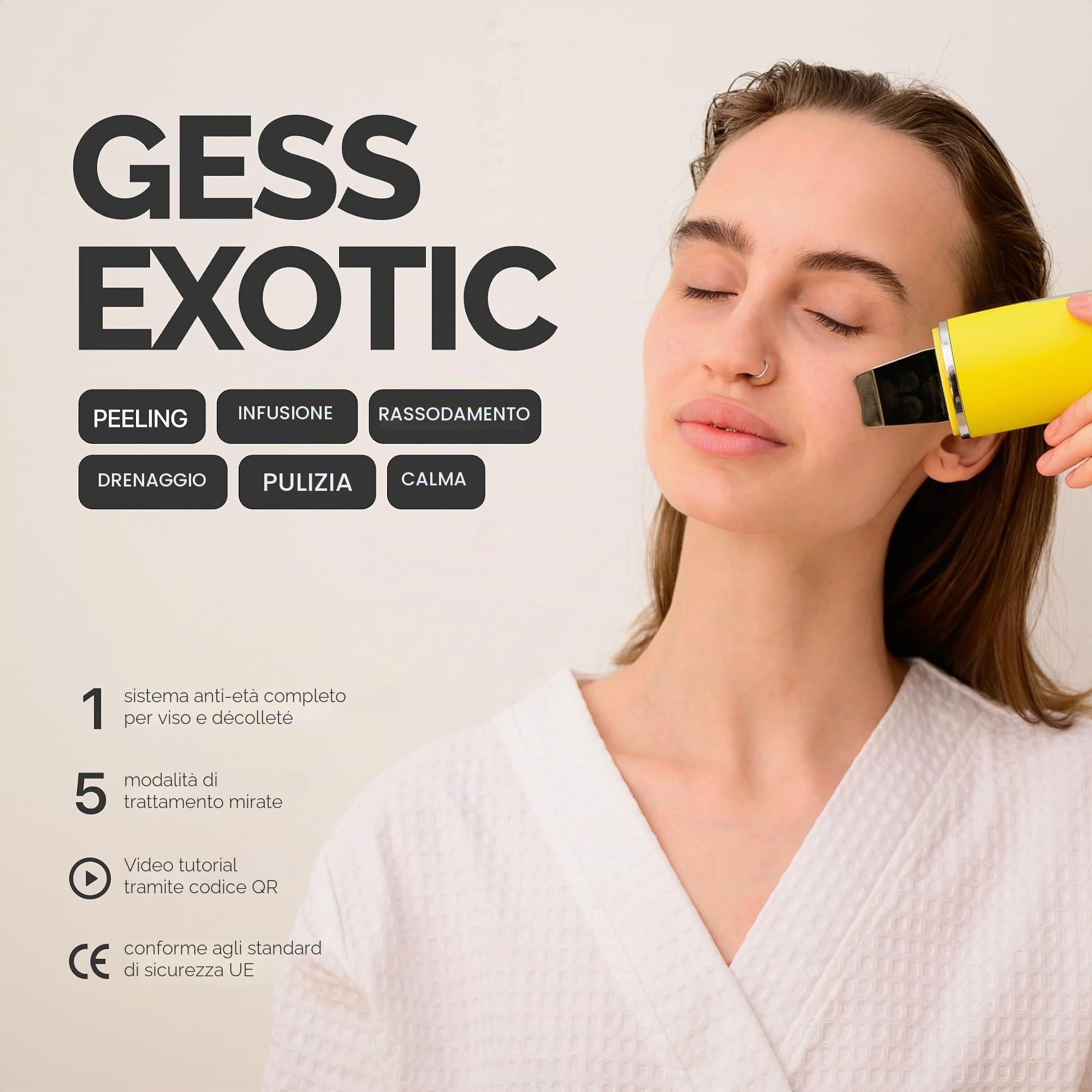 GESS Exotic Pulizia Viso Ultrasuoni Originale, 5 modalità, Ultrasonic Skin Scrubber - Dispositivo Professionale per Pulizia Viso a Ultrasuoni, Sonic Spatola Punti Neri