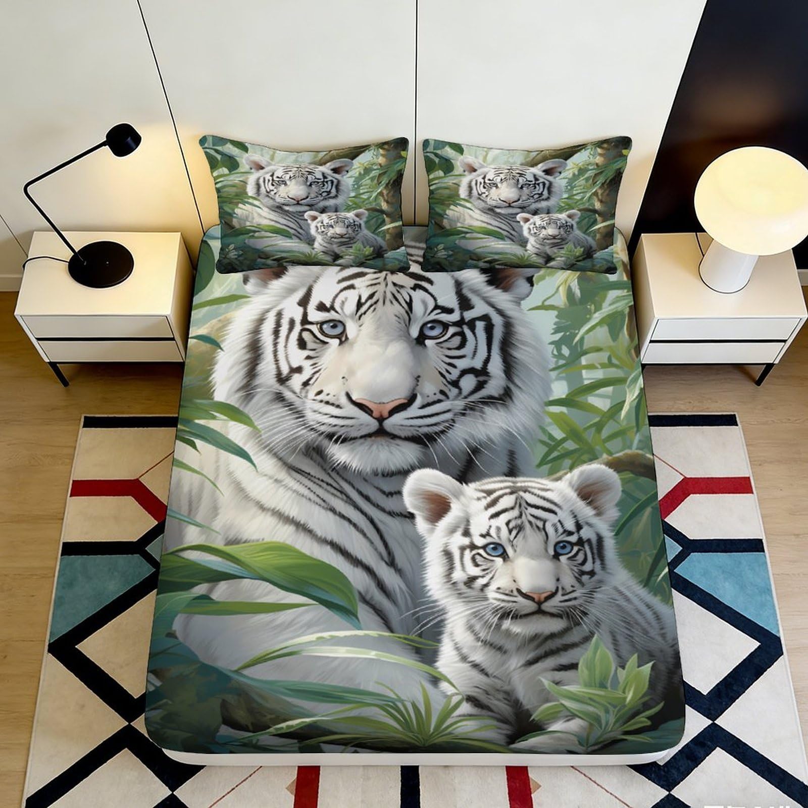 3D Printed White Tiger Jungle Fitted Sheet Microfiber Soft Breathable Wildlife Bed Cover for Bedroom Guest Room Decor 160x200x25cm