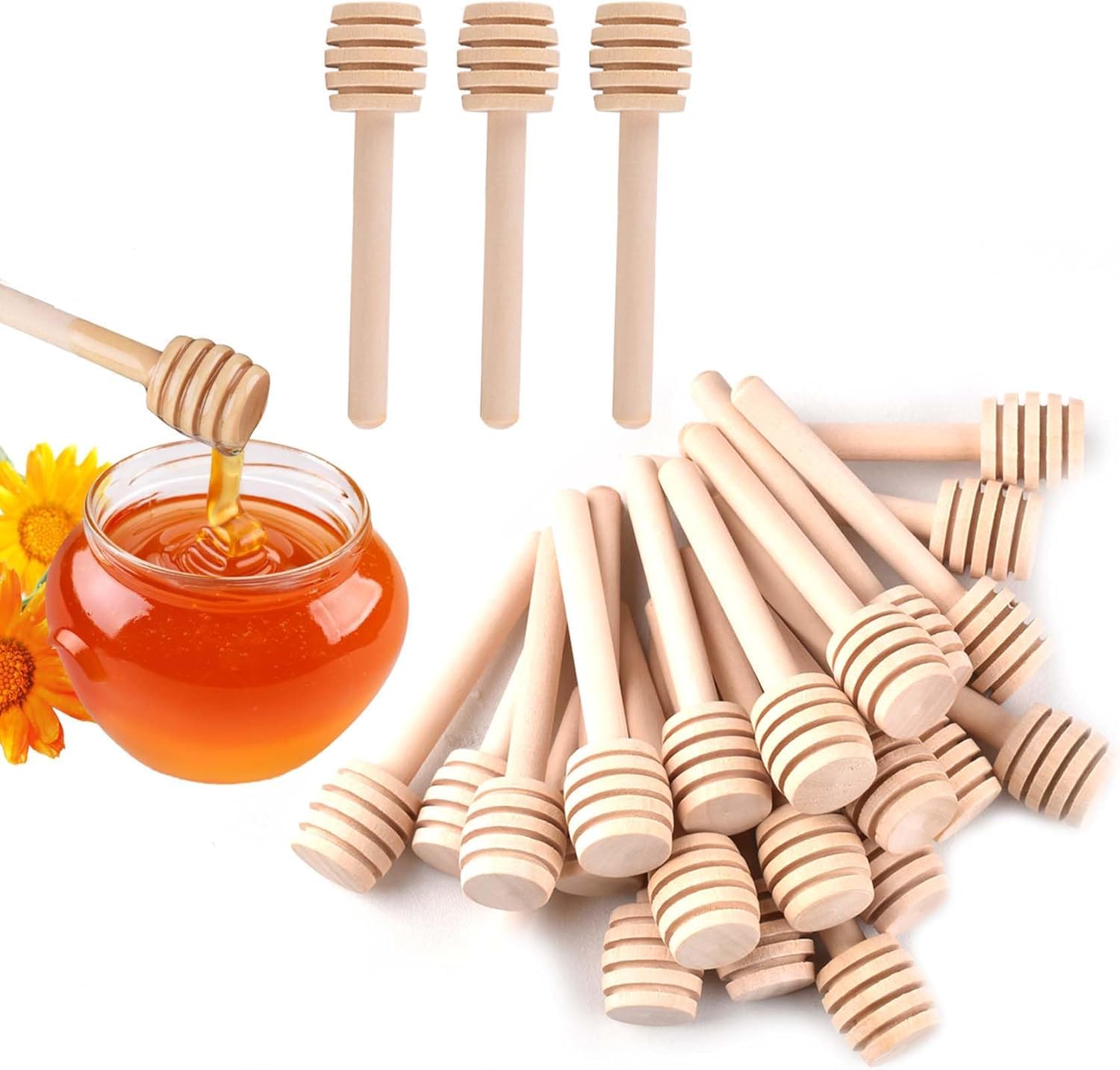 JINGIHE 24Pcs Wooden Honey Spoon Dipper Sticks 3 Inch