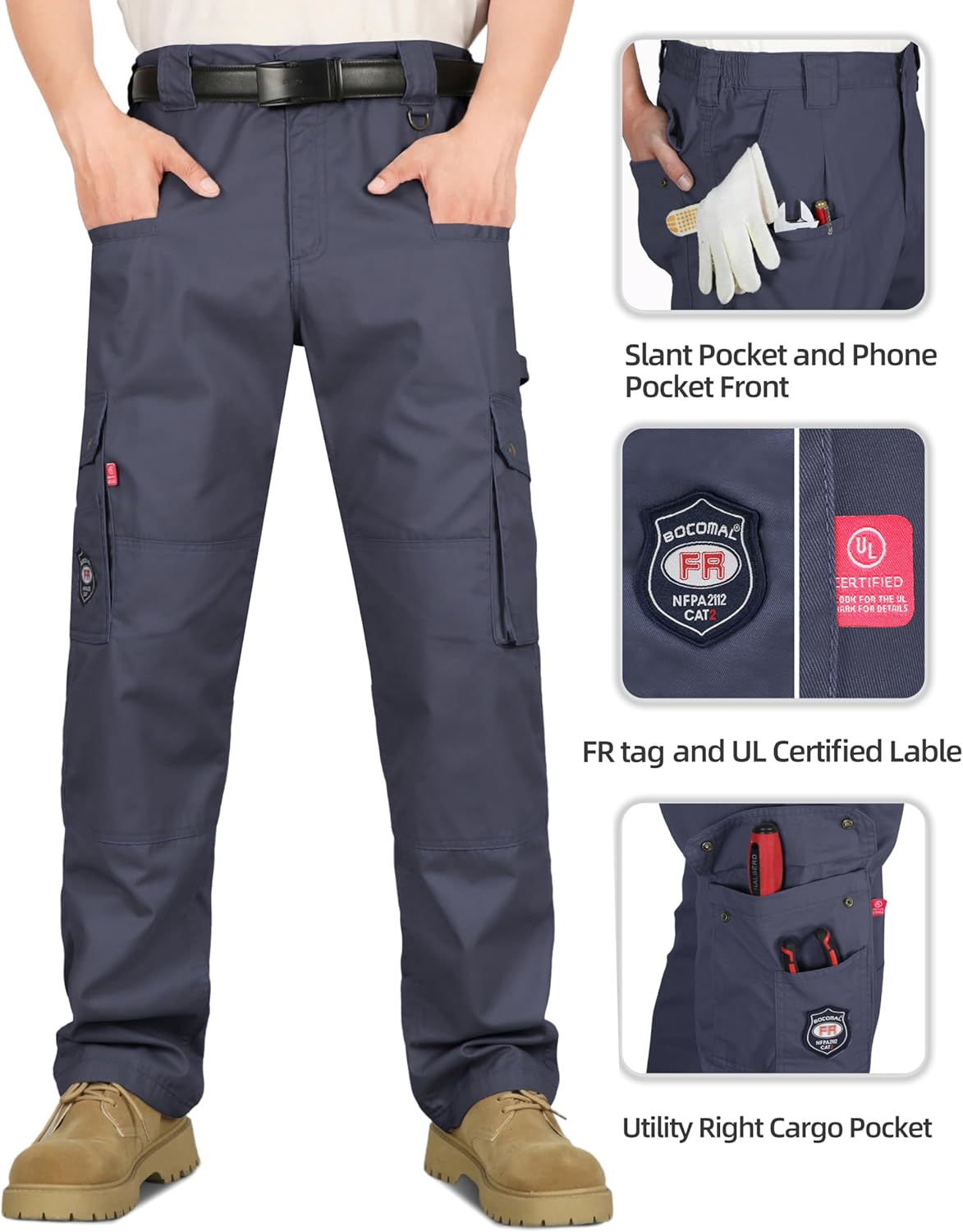 BOCOMAL FR Pants for Men Cargo Flame Resistant Pants(2112&CAT2) 100% C 7.5oz Utility Fire Resistant Pants - Image 2