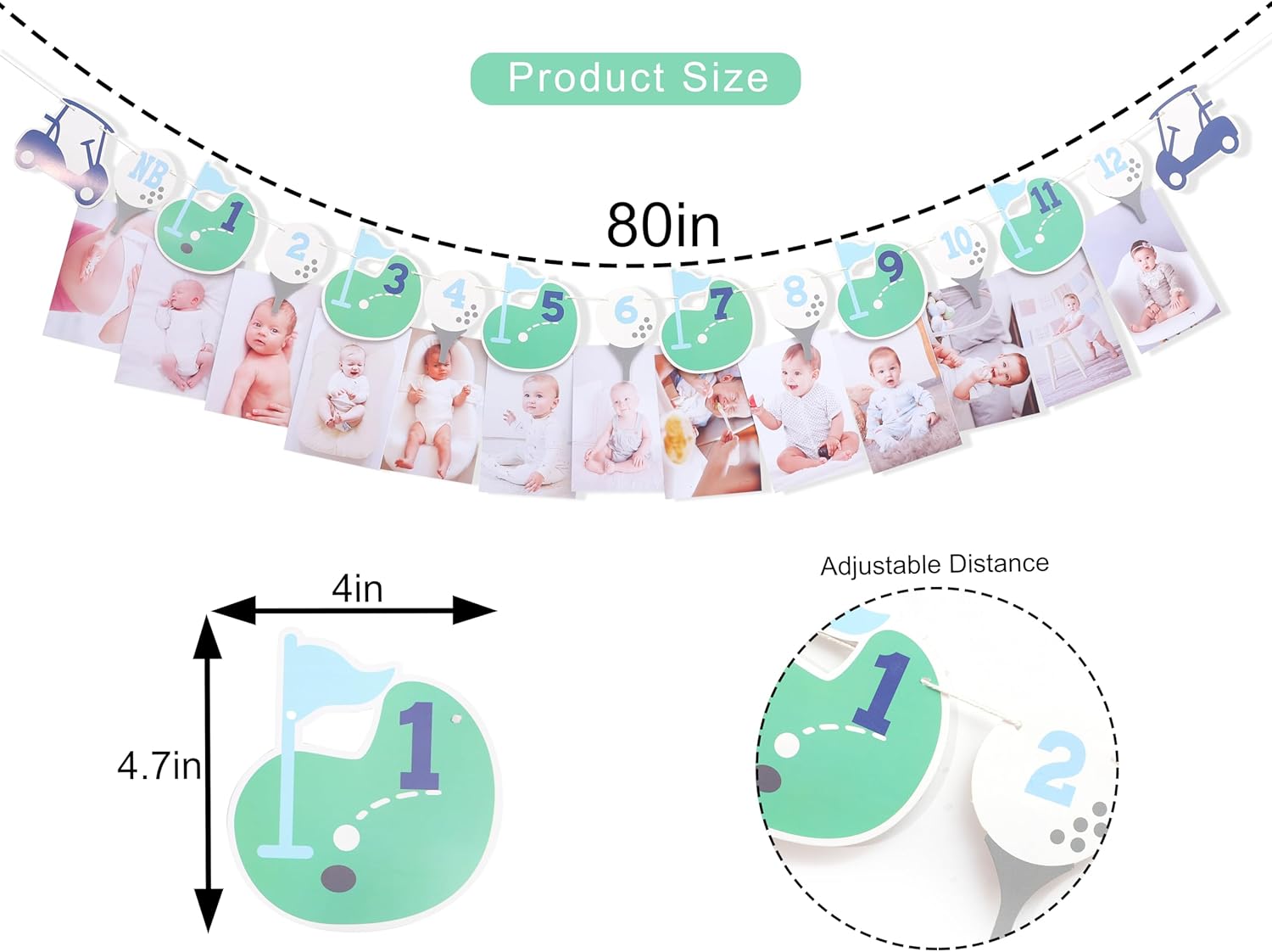 Hole In One First Birthday - Golf 1st Birthday Decorations,Golf 12 Month Photo Banner,Golf 1st Year Photo Banner One High Chair Banner - Image 2