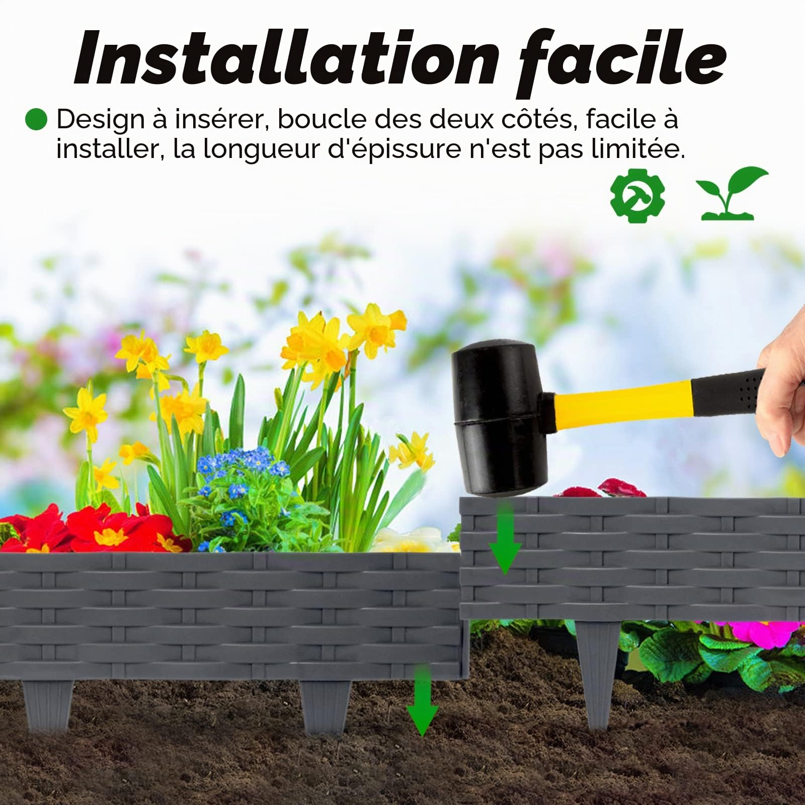 Lot de 5 bordures de pelouse en plastique aspect rotin - 5 m - 100 x 20 cm - Anthracite