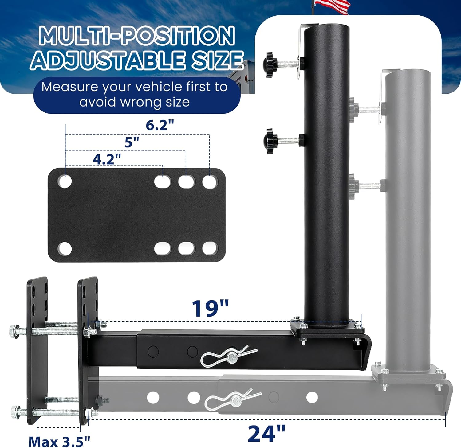 16FT RV Flagpole with Heavy-Duty Stainless Steel Bracket & a US Flag, 3-in-1 Frame/Trailer Hitch/Bumper Mount Design, Fits Travel Trailers, SUVs & Pickups with a Trailer Hitch, 80 MPH Wind Resistance