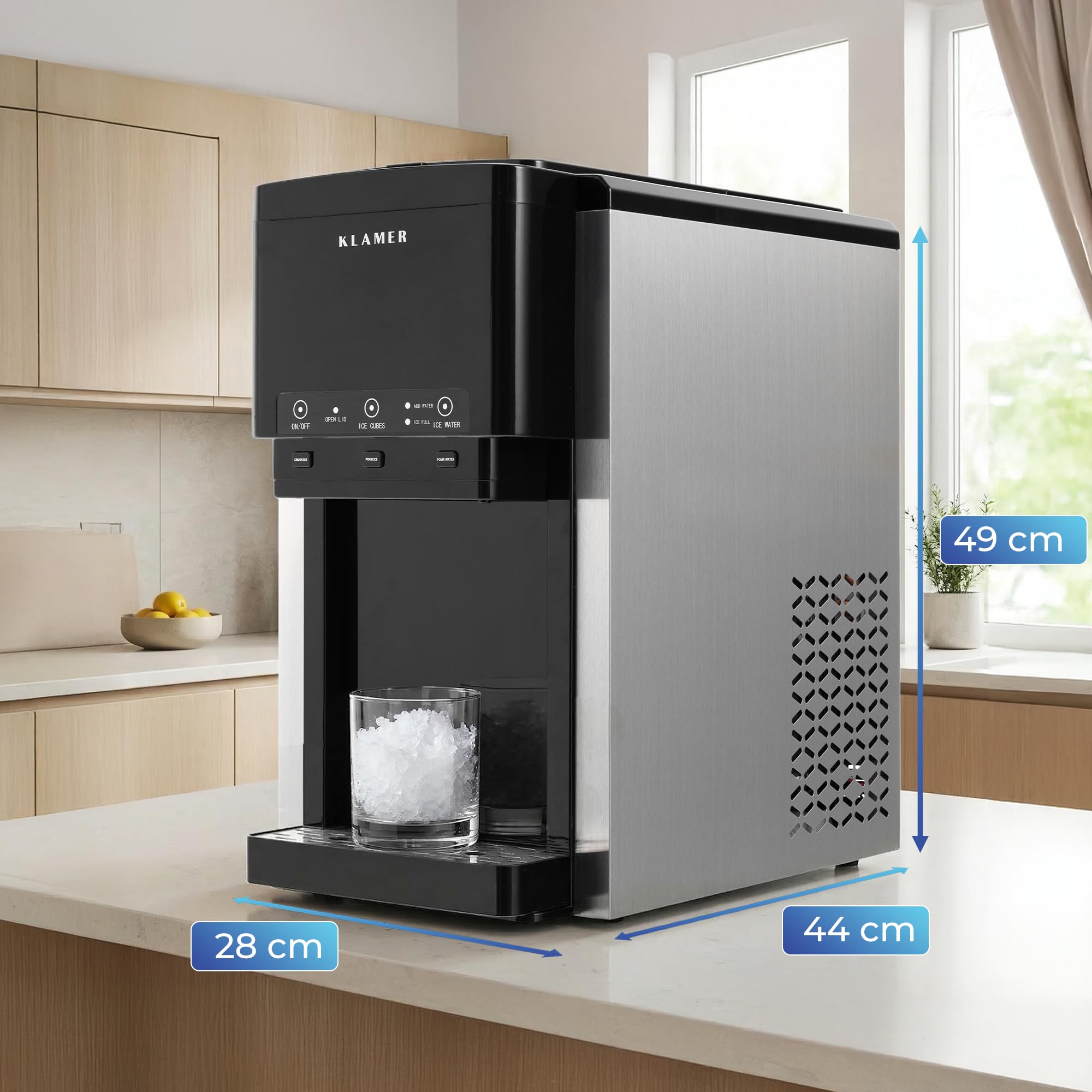 KLAMER 3-in-1 Eiswürfelmaschine, Crushed Ice & Eiswasser, 18–20 kg/24h, Kugeleis 12 Stück in 7 Min, 2,1 L Tank, Ice Maker, Wasserspender, Selbstreinigung