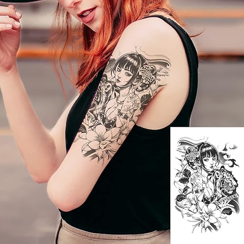 Miniatura 2 de 6 hojas de brazo falso impermeable cuerpo arte temporal tatuajes pegatinas negro japonés geisha samurai mujeres flor loto