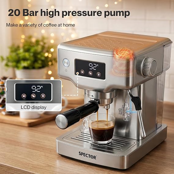 Spector Ultra Espresso Machine with LCD Display, Stainless Steel Barista Coffee Machine with Milk Frother, Customisable Temperature, 20 Bar Pressure for Latte and Cappuccino