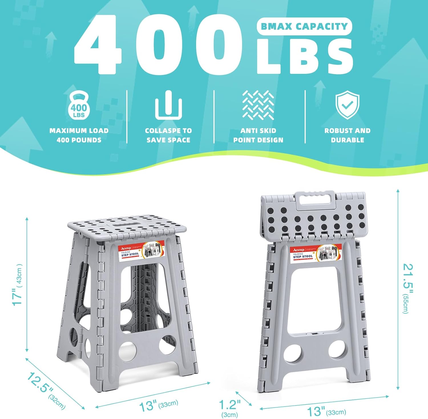 ACSTEP Folding Step Stool 17.5 Inch Heavy Duty Step Stool Foldable for Adults and Kids, Collapsible Stepping Stool with Handle, Non Slip Folding Stools for Kitchen Hold Up to 400lbs (Grey 1PC)