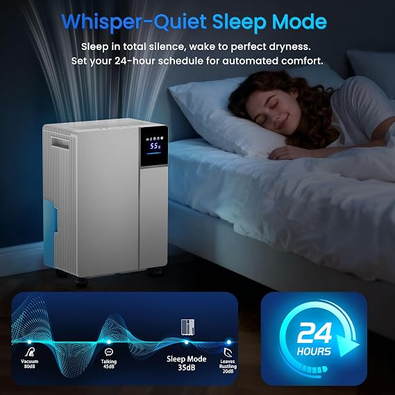 16L/Day Dehumidifier with Auto Humidity Sensor & Digital Display, 24H Timer, Childlock, Sleep Mode, 3 Color Light, Smart Dehumidify for Home Basement Office Garage, With 2L Water Tank & Drain Hose